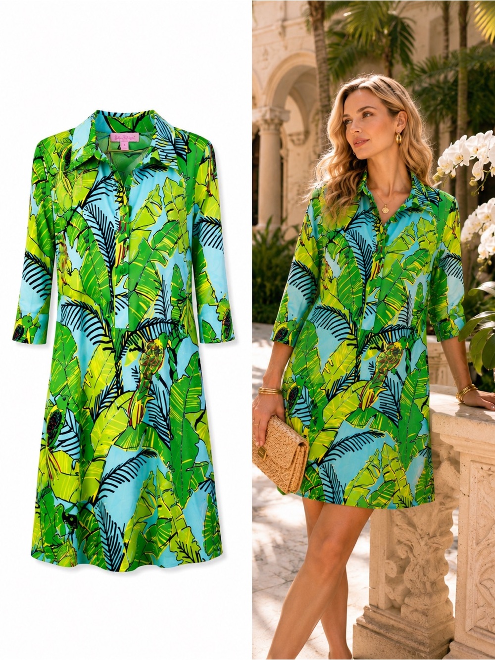 Lilly Pulitzer 100% Silk Parrot Palm Print Shirt Dress Size 6 Collared Tropical